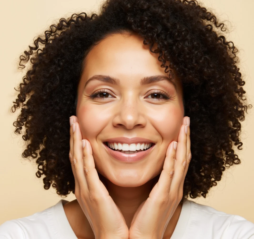 Woman with curly hair smiling and touching her cheeks in Wakefield, MA | Infinite Beauty Med Spa