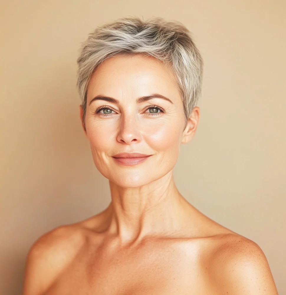 Mature woman with short hair smiling confidently in Wakefield, MA | Infinite Beauty Med Spa