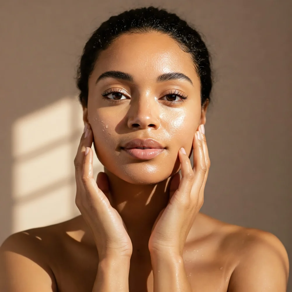 Woman with dewy skin touching her face after skincare in Wakefield, MA | Infinite Beauty Med Spa