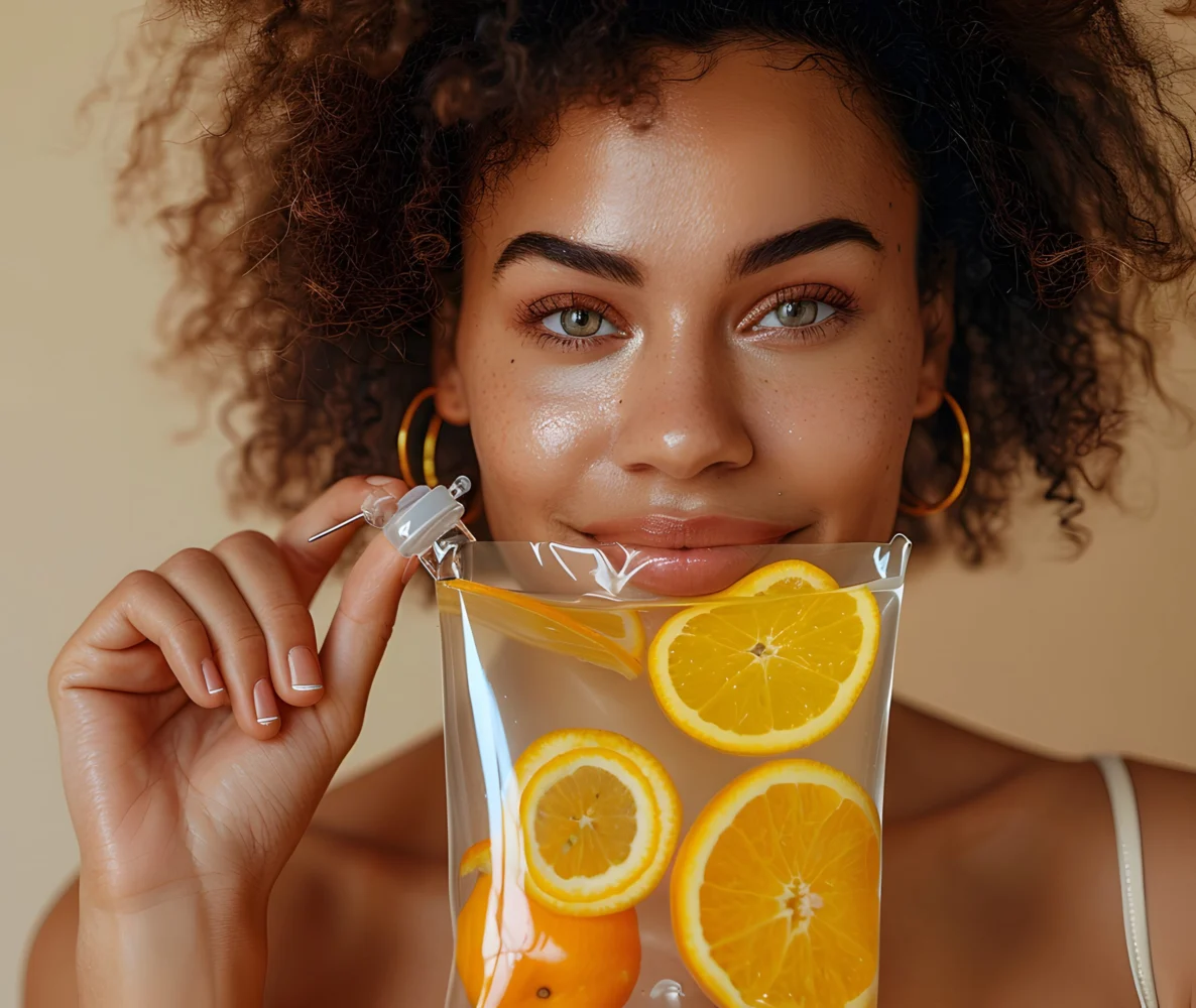Woman holding IV therapy drip connected to her arm in Wakefield, MA | Infinite Beauty Med Spa