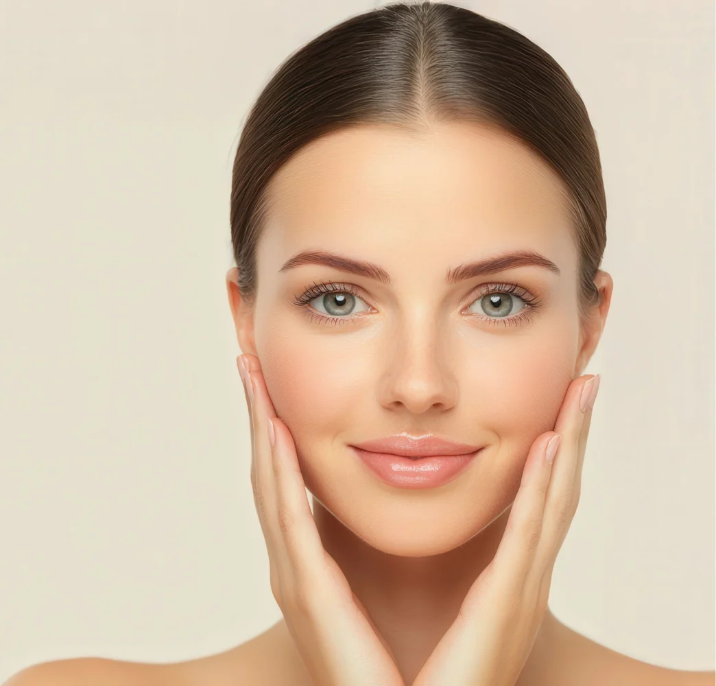 Young woman with clear skin holding her face with both hands in Wakefield, MA | Infinite Beauty Med Spa