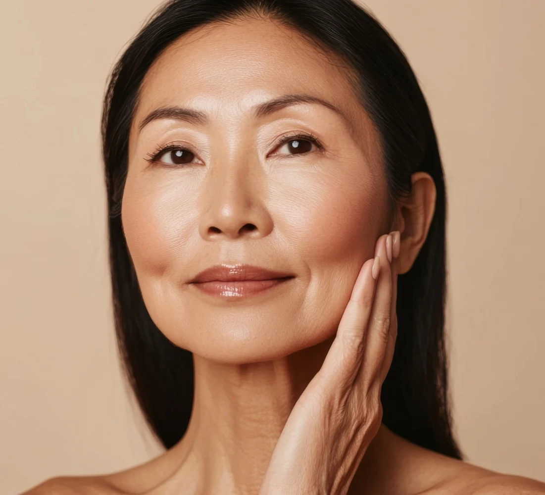 Mature woman touching her face with glowing skin in Wakefield, MA | Infinite Beauty Med Spa